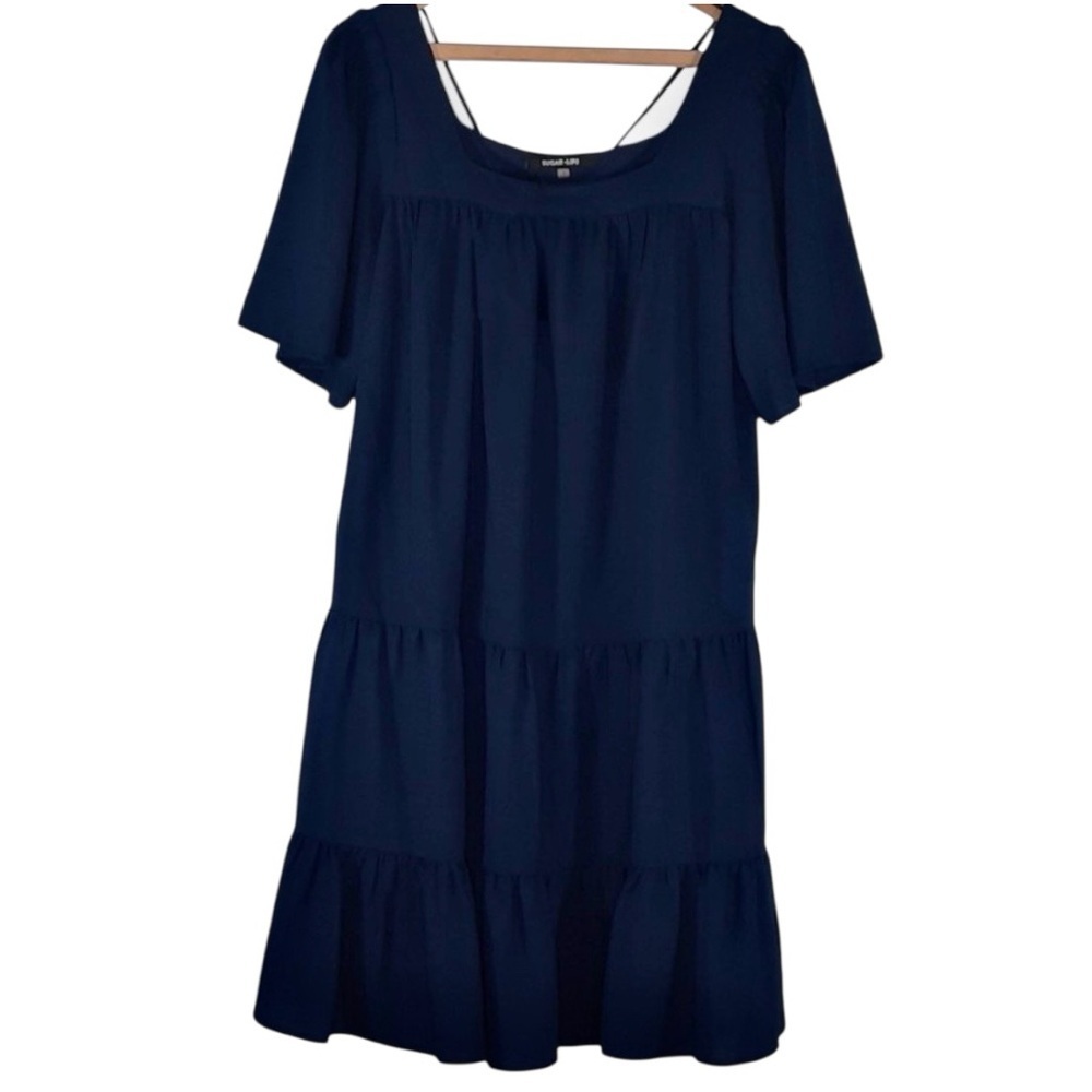 SugarLips Navy Tiered Babydoll Dress Square Neck Short Sleeve Small Mini Dress - Picture 5 of 8